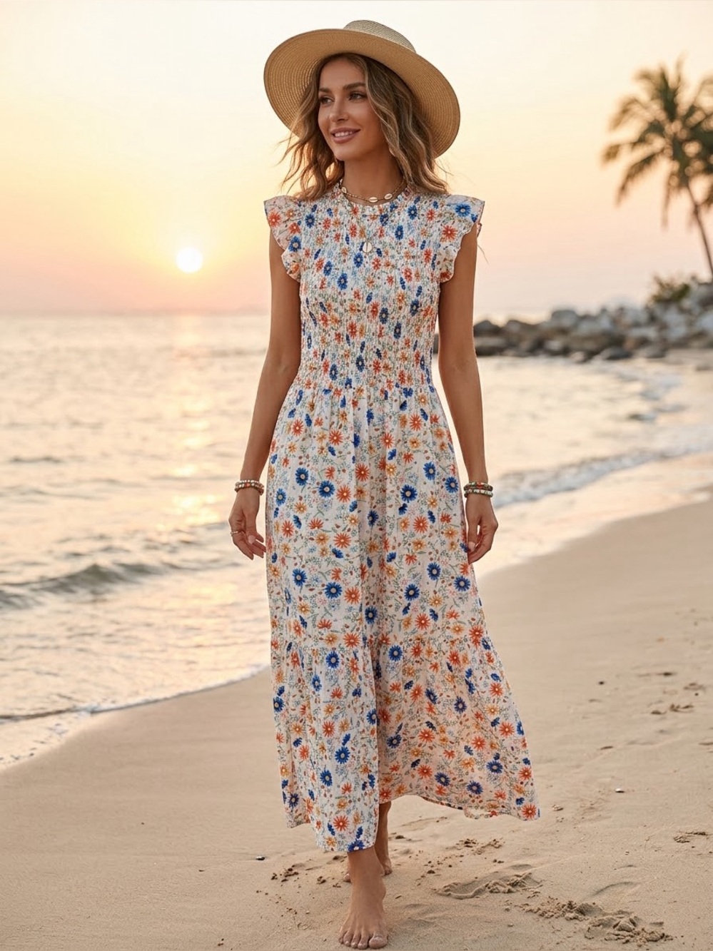 LOFT Floral Maxi Dress in Ivory with Orange and Blue Flowers